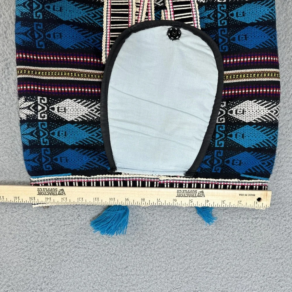 Boho Woven Tribal Aztec Backpack Blue Black Tassel Lined Front Zip Pocket Hippie